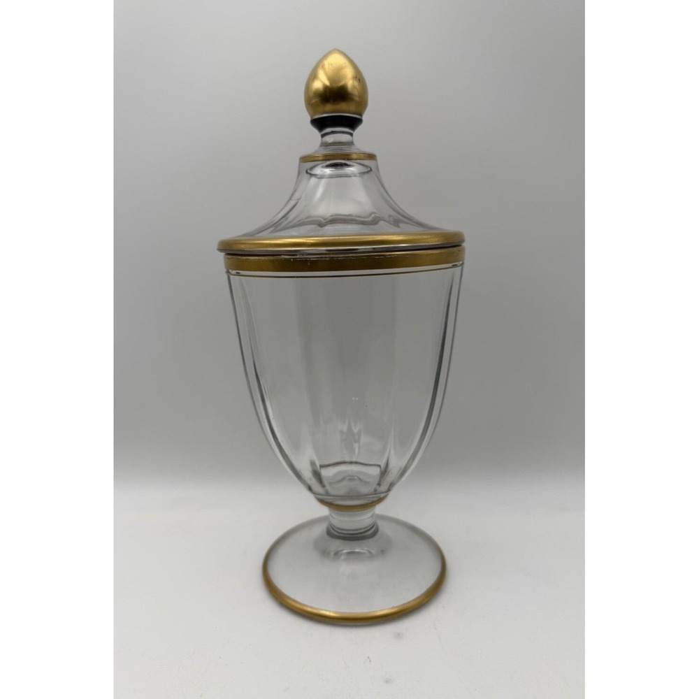 Vintage Heisey Gold Trim Covered Glass Candy Dish Pedestal Apothecary Jar 8"